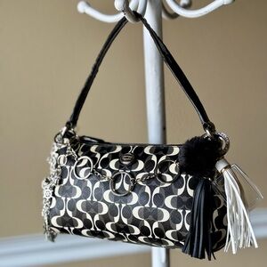 Coach Black and White Geometric Shoulder Bag with Tassel